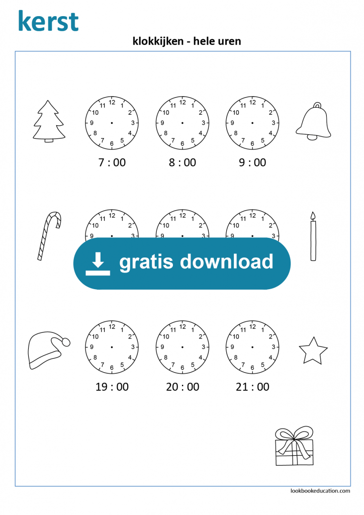 Werkblad Klokkijken Hele Uren Kerst - LookbookEducation.com/nl